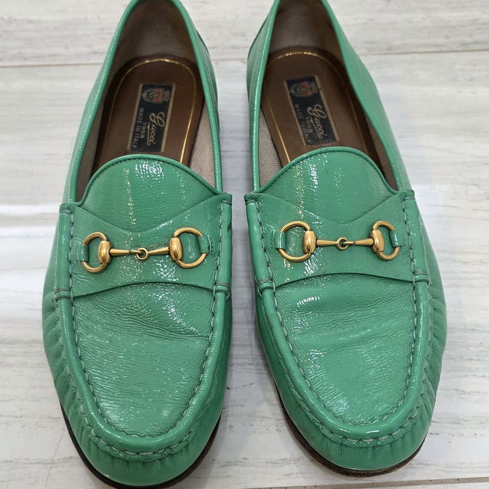 Authentic Gucci Green Patent Leather Horsebit 1953 Loafer Size 41